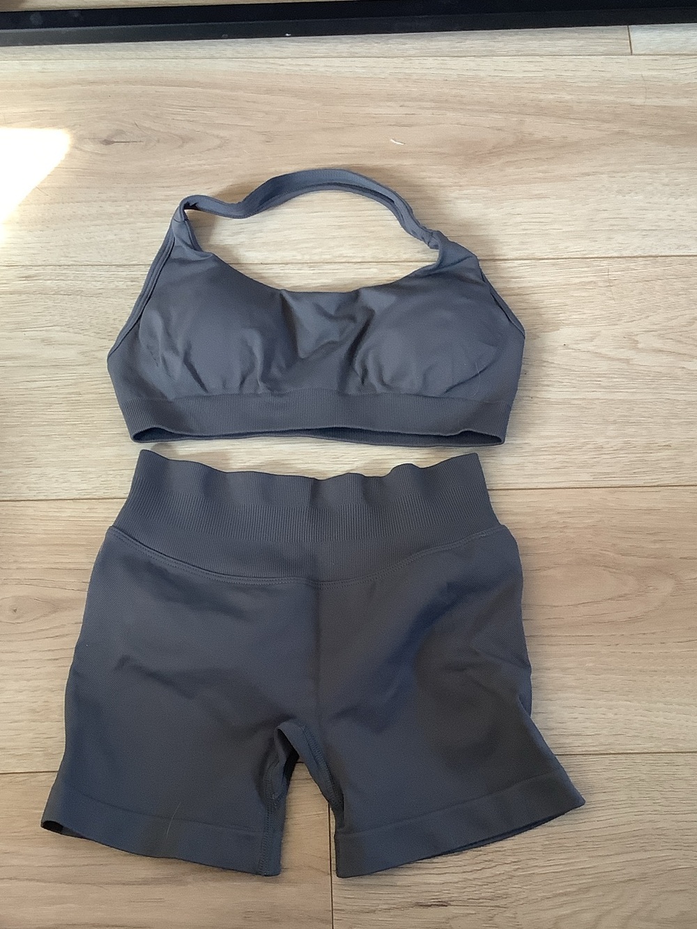 Seamless Charcoal Grey Bikini Top & High-Waist Shorts Set